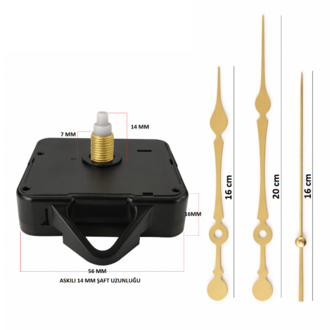 Askılı 14 mm Şaft Akar Sessiz Duvar Saati Mekanizması -Metal akrep-yelkovan-saniye
