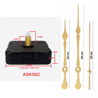 Askısız 16 mm Şaft Akar Sessiz Duvar Saati Mekanizması -Metal akrep-yelkovan-saniye