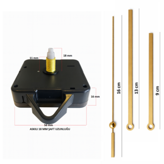 Askılı 18 mm Şaft Akar Sessiz Duvar Saati Mekanizması -Metal akrep-yelkovan-saniye