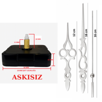 Askısız 18 mm Şaft Akar Sessiz Duvar Saati Mekanizması -Metal akrep-yelkovan-saniye