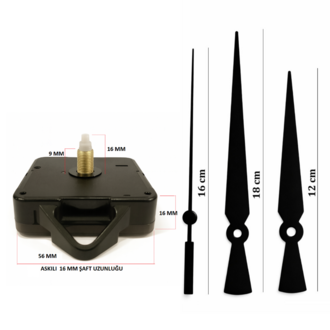 Askılı 16 mm Şaft Akar Sessiz Duvar Saati Mekanizması -Metal akrep-yelkovan-saniye