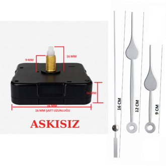 Askısız 16 mm Şaft Akar Sessiz Duvar Saati Mekanizması -Metal akrep-yelkovan-saniye