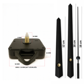 Askılı 16 mm Şaft  Akar Sessiz Duvar Saati Mekanizması -Metal akrep-yelkovan-saniye