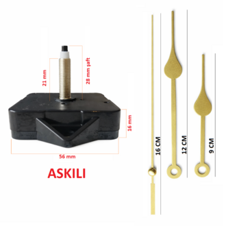 Askılı 28 mm Şaft  Akar Sessiz Duvar Saati Mekanizması -Metal akrep-yelkovan-saniye