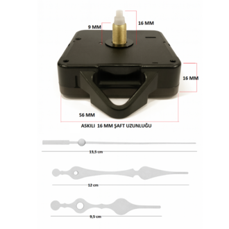 Askılı 16 mm Şaft  Akar Sessiz Duvar Saati Mekanizması -Metal akrep-yelkovan-saniye