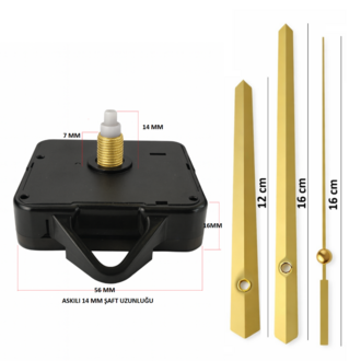 Askılı 14 mm Şaft Akar Sessiz Duvar Saati Mekanizması -Metal akrep-yelkovan-saniye