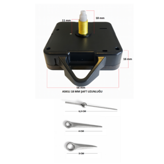 Askılı 18 mm Şaft Akar Sessiz Duvar Saati Mekanizması -Metal akrep-yelkovan-saniye