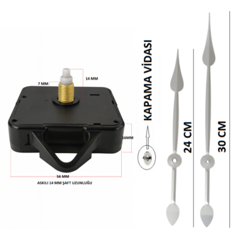 Askılı 14 mm Şaft Akar Sessiz Duvar Saati Mekanizması -Metal akrep-yelkovan-saniye