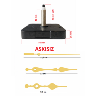 Askısız 28 mm Şaft  Akar Sessiz Duvar Saati Mekanizması -Metal akrep-yelkovan-saniye