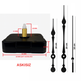 Askısız 18 mm Şaft Akar Sessiz Duvar Saati Mekanizması -Metal akrep-yelkovan-saniye