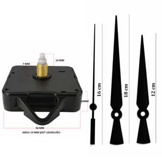 Askılı 14 mm Şaft  Akar Sessiz Duvar Saati Mekanizması -Metal akrep-yelkovan-saniye
