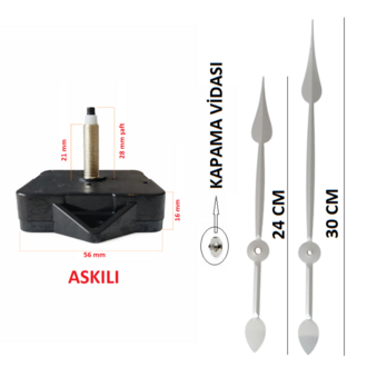 Askılı 28 mm Şaft Akar Sessiz Duvar Saati Mekanizması -Metal akrep-yelkovan-saniye