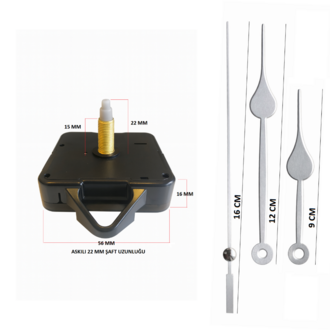 Askılı 22 mm Şaft Akar Sessiz Duvar Saati Mekanizması -Metal akrep-yelkovan-saniye