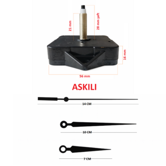 Askılı 28 mm Şaft  Akar Sessiz Duvar Saati Mekanizması -Metal akrep-yelkovan-saniye