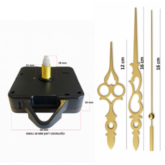 Askılı 18 mm Şaft Akar Sessiz Duvar Saati Mekanizması -Metal akrep-yelkovan-saniye