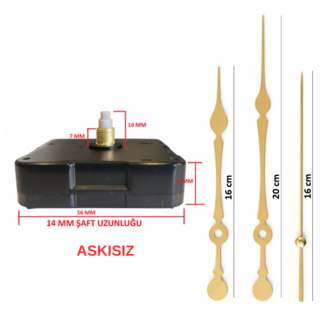 Askısız 14 mm Şaft Akar Sessiz Duvar Saati Mekanizması -Metal akrep-yelkovan-saniye