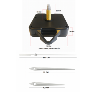 Askılı 22 mm Şaft Akar Sessiz Duvar Saati Mekanizması -Metal akrep-yelkovan-saniye
