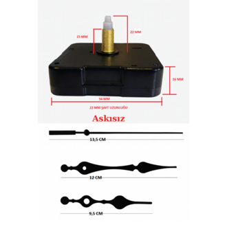 Askısız 22 mm Şaft Akar Sessiz Duvar Saati Mekanizması -Metal akrep-yelkovan-saniye