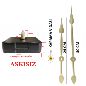 Askısız 14 mm Şaft Akar Sessiz Duvar Saati Mekanizması -Metal akrep-yelkovan-saniye