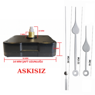 Askısız 14 mm Şaft Akar Sessiz Duvar Saati Mekanizması -Metal akrep-yelkovan-saniye