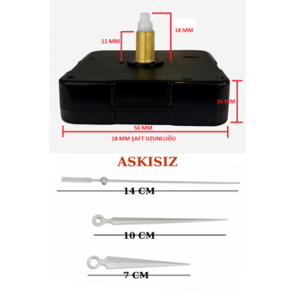Askısız 18 mm Şaft  Akar Sessiz Duvar Saati Mekanizması -Metal akrep-yelkovan-saniye