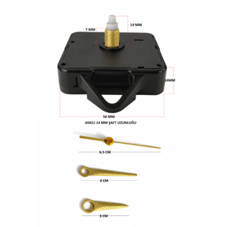 Askılı 14 mm Şaft  Akar Sessiz Duvar Saati Mekanizması -Metal akrep-yelkovan-saniye