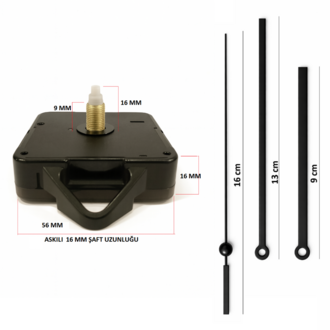 Askılı 16 mm Şaft Akar Sessiz Duvar Saati Mekanizması -Metal akrep-yelkovan-saniye