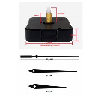 Askısız 16 mm Şaft Akar Sessiz Duvar Saati Mekanizması -Metal akrep-yelkovan-saniye