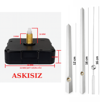 Askısız 16 mm Şaft Akar Sessiz Duvar Saati Mekanizması -Metal akrep-yelkovan-saniye