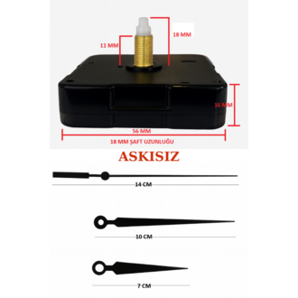 Askısız 18 mm Şaft  Akar Sessiz Duvar Saati Mekanizması -Metal akrep-yelkovan-saniye