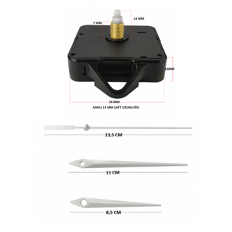 Askılı 14 mm Şaft Akar Sessiz Duvar Saati Mekanizması -Metal akrep-yelkovan-saniye