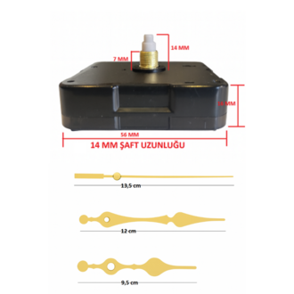 Askısız 14 mm Şaft Akar Sessiz Duvar Saati Mekanizması -Metal akrep-yelkovan-saniye