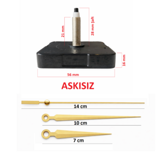Askısız 28 mm Şaft  Akar Sessiz Duvar Saati Mekanizması -Metal akrep-yelkovan-saniye