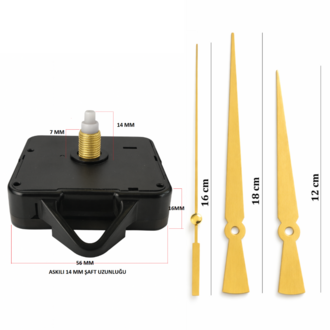 Askılı 14 mm Şaft  Akar Sessiz Duvar Saati Mekanizması -Metal akrep-yelkovan-saniye