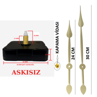 Askısız 18 mm Şaft Akar Sessiz Duvar Saati Mekanizması -Metal akrep-yelkovan-saniye