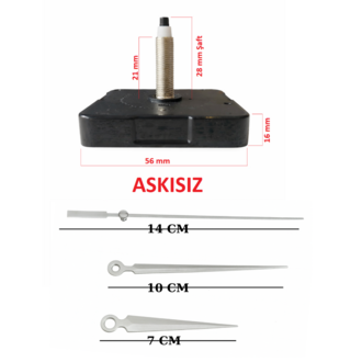 Askısız 28 mm Şaft  Akar Sessiz Duvar Saati Mekanizması -Metal akrep-yelkovan-saniye