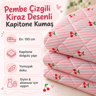 Pembe Çizgili Kiraz Desenli Kapitone Kumaş