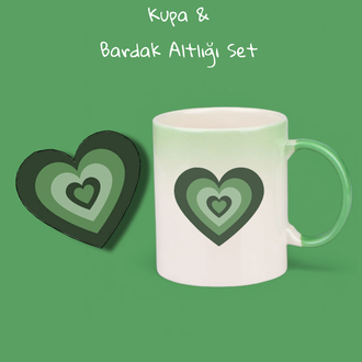 Yeşil Kalpli Kupa ve Bardak Altlığı Set