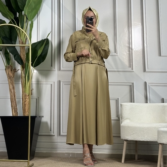 my312 bej çıtçıtlı detaylı elbise