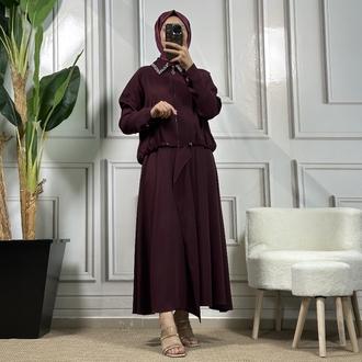 my312 bordo yakası taşlı etekli takım 