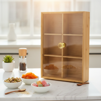 Bambu Kapaklı Çerezlik & Kahvaltılık Organizer – 6 Bölmeli Kapaklı Saklama Kutusu