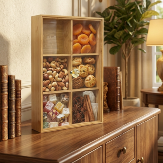 Bambu Kapaklı Çerezlik & Kahvaltılık Organizer – 6 Bölmeli Kapaklı Saklama Kutusu