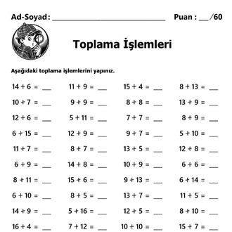 10 Adet 1.Sınıf 1 ve 2 Basamaklı Sayılarla Toplama İşlemleri-Hemen İndirilebilir