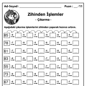 10 adet 2. ve 3. Sınıf Zihinden Çıkarma İşlemleri - Hemen İndirilebilir