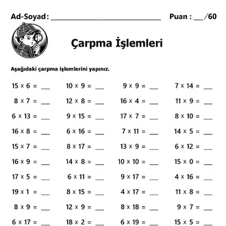 10 adet 2. ve 3.Sınıf Çarpma İşlemleri-Hemen İndirilebilir