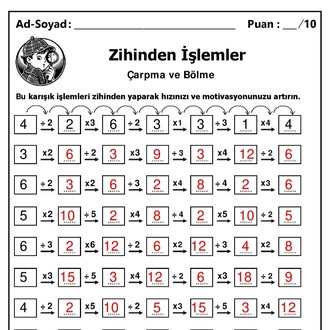 10 adet 3. ve 4.Sınıf Zihinden Karışık Çarpma ve Bölme İşlemleri-Hemen İndirilebilir
