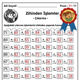 10 adet 2. ve 3. Sınıf Zihinden Çıkarma İşlemleri - Hemen İndirilebilir