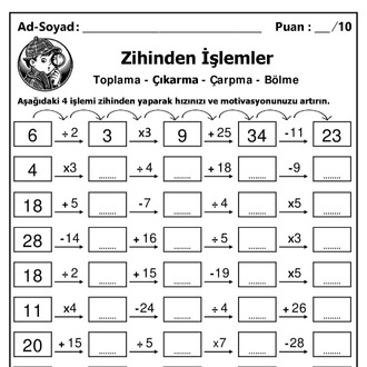 10 adet 3. ve 4. Sınıf Zihinden 4 İşlem Alıştırmaları - Hemen İndirilebilir