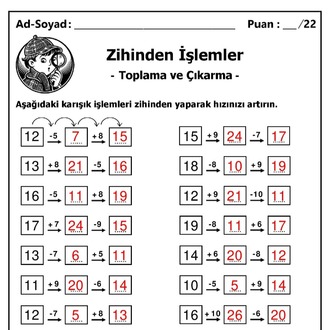 10 adet 1. ve 2. Sınıf Zihinden Toplama ve Çıkarma İşlemleri - Hemen İndirilebilir