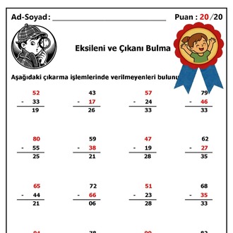 10 adet 2. Sınıf Eksileni ve Çıkanı Bulma İşlemleri - Hemen İndirilebilir